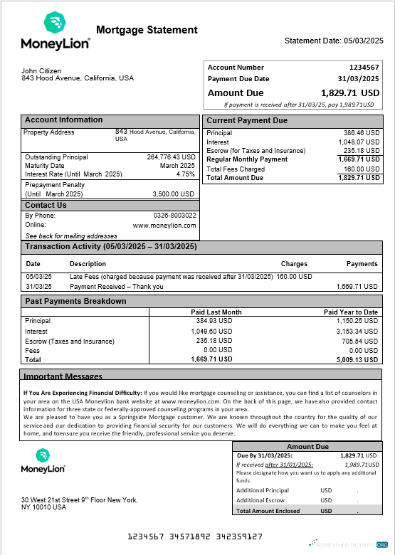 Download USA Moneylion bank mortgage statement in Word and PDF formats Photoshop template